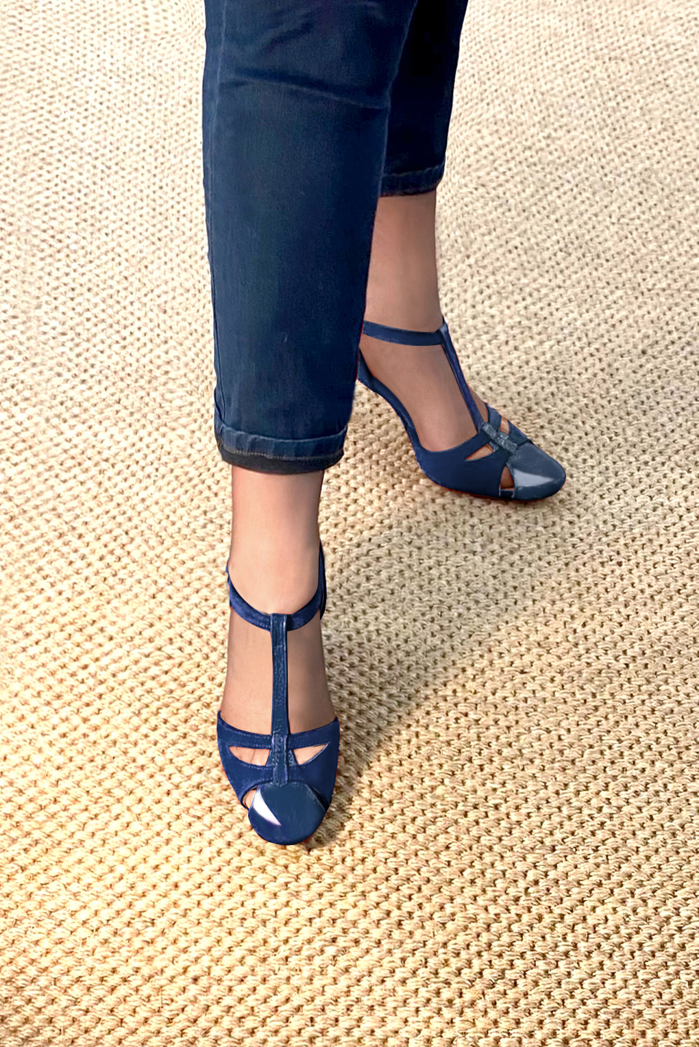 Prussian blue women's T-strap open side shoes. Round toe. High kitten heels. Top view - Florence KOOIJMAN